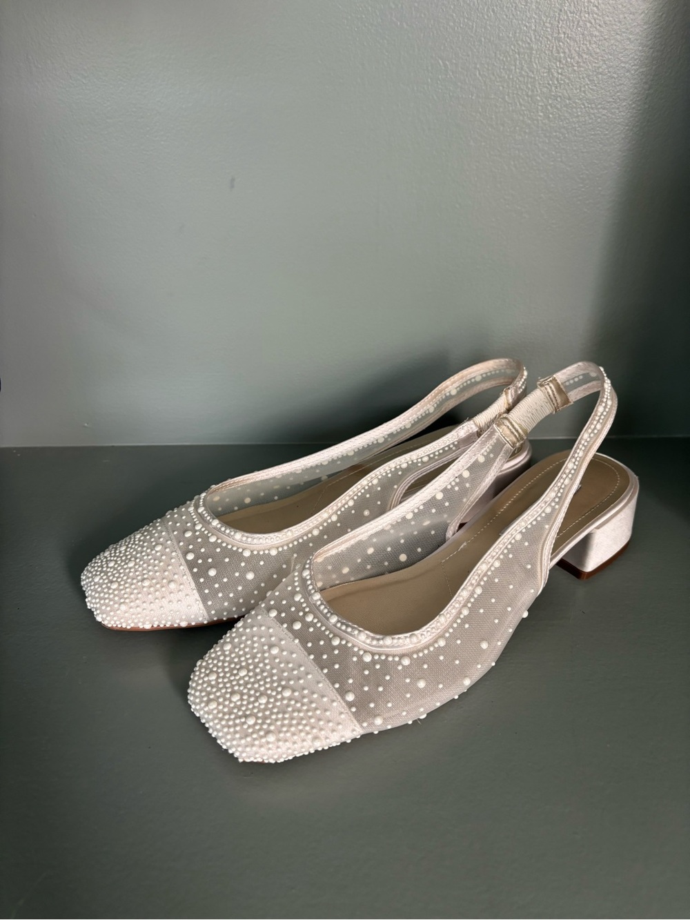 Chic Cream Pearl Embellished Slingback Closed Toe Block Heel - Women